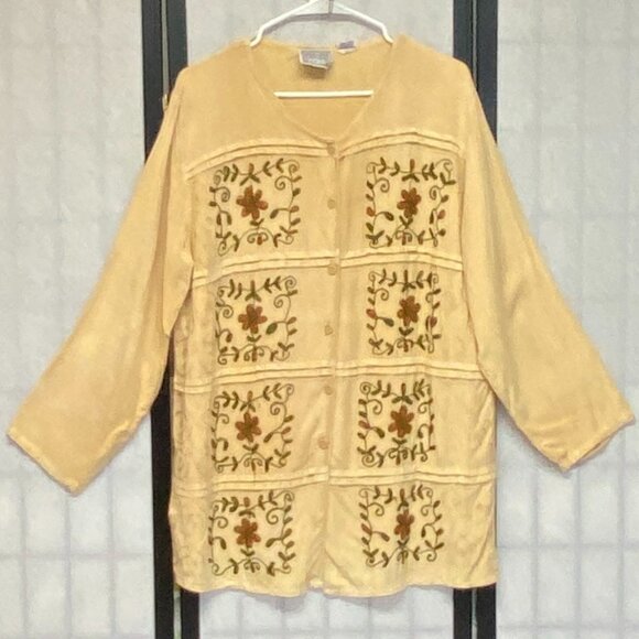 SpeedLimit MPH Long Sleeve Embroidered Button Up Pleated Boho Tunic Top Gold XL - Picture 1 of 13